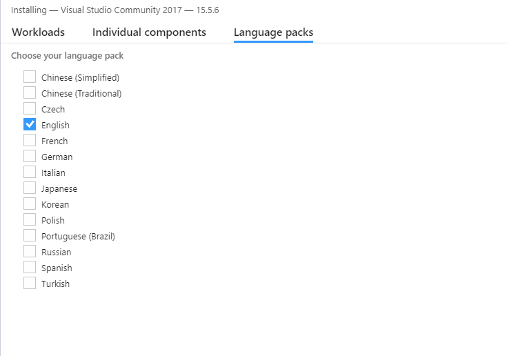 choosing visual studio language packages